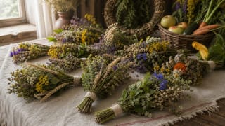 A Lithuanian Žolinė herb bouquet with grain ears, flowers, medicinal plants, and flax