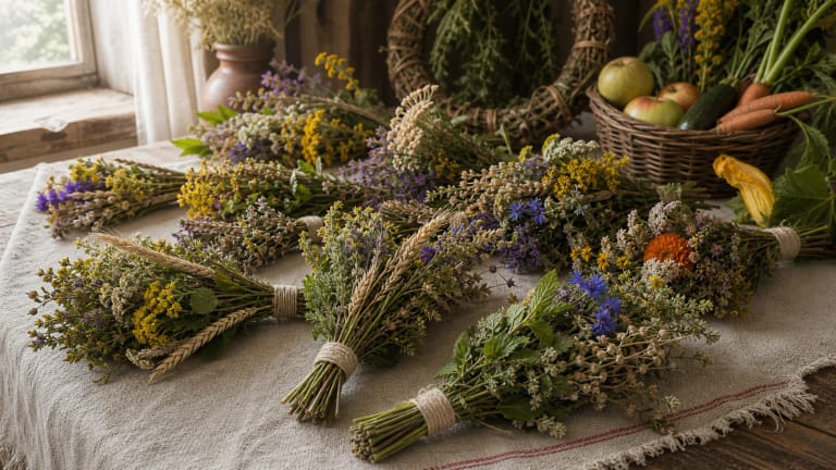 A Lithuanian Žolinė herb bouquet with grain ears, flowers, medicinal plants, and flax