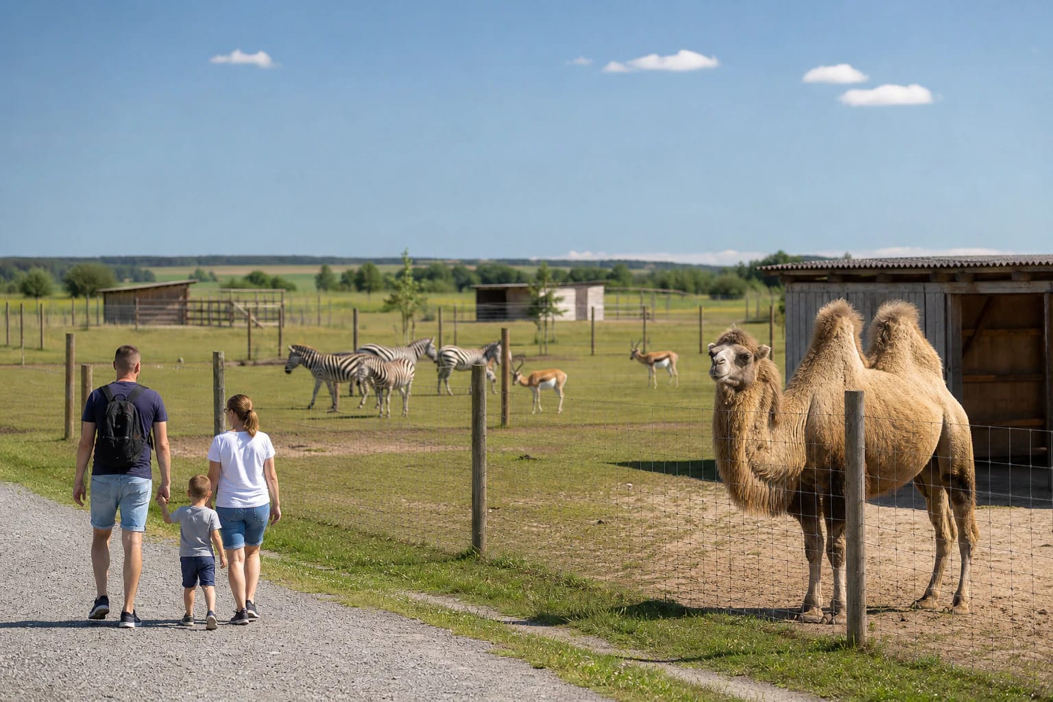 Bactrian camel and zebras in separate green enclosures across the open Suvalkija landscape at Zooparkas Trakėnai