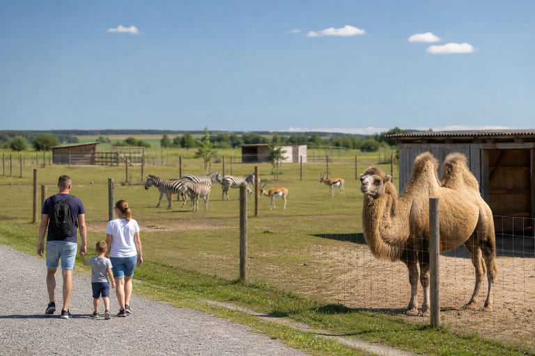 Zooparko Trakėnuose dvikupris kupranugaris ir zebrai atskiruose žaliuose aptvaruose atviroje Suvalkijos lygumoje