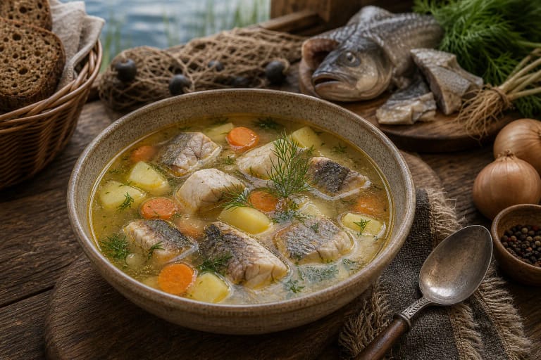 Lithuanian žuvienė with pieces of fish, potatoes, carrots, dill, and bread