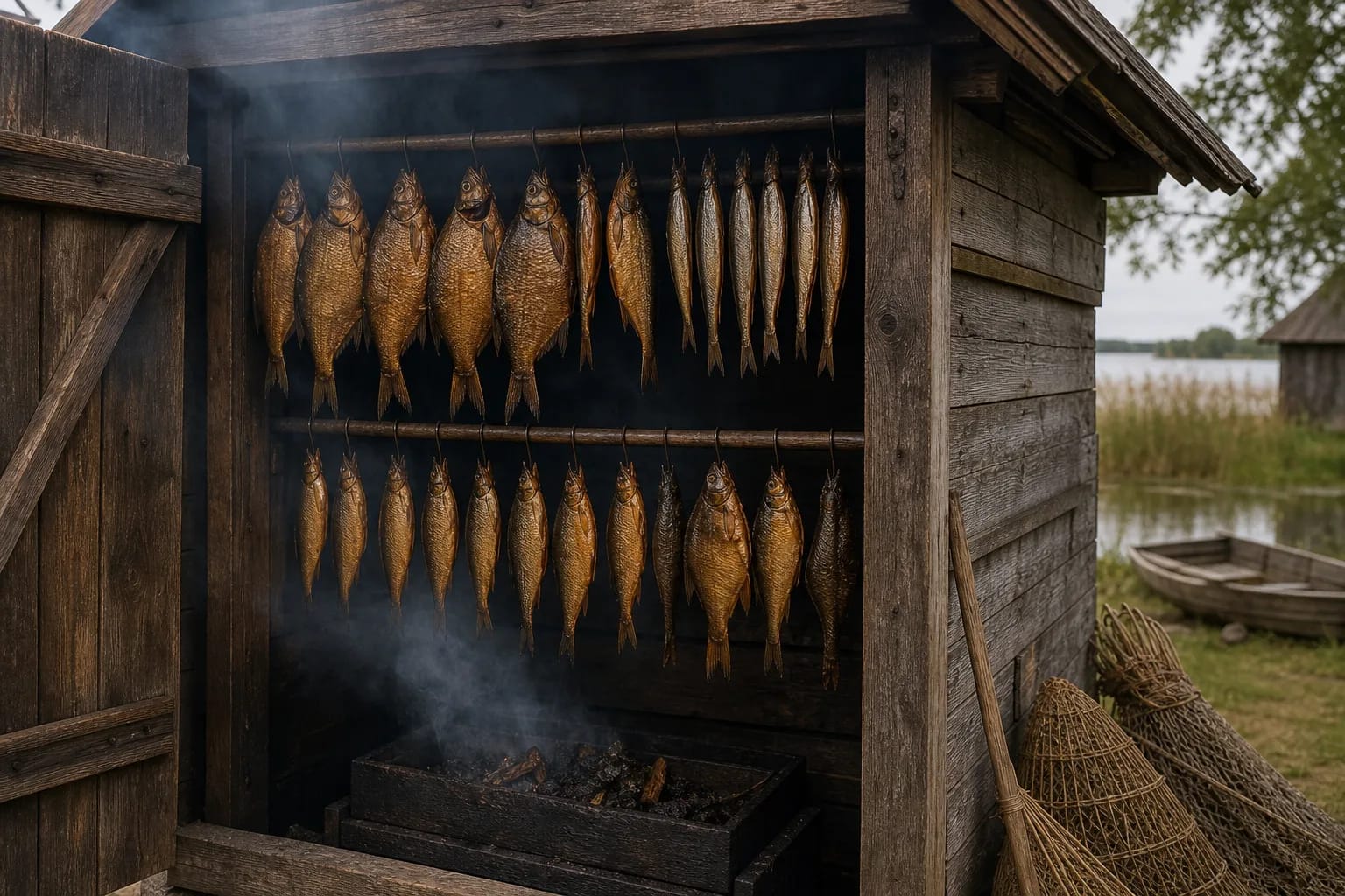 Smoke surrounds fish in a Pamarys smokehouse.