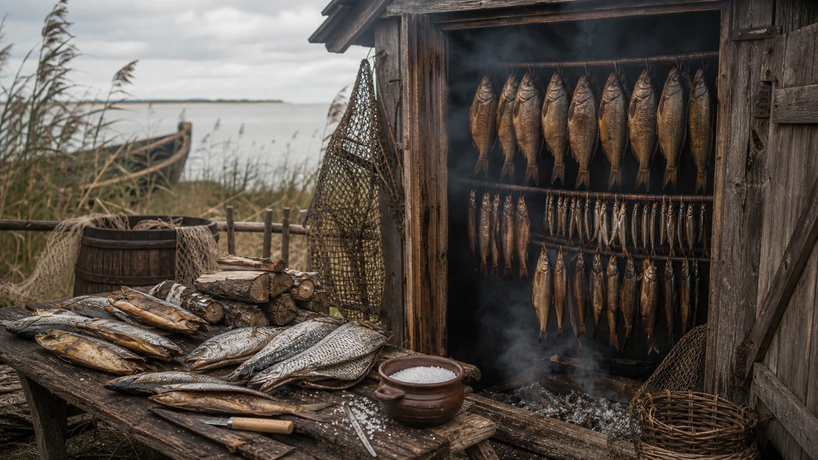 Smoked Lithuanian fish hanging in a wooden smokehouse near the Curonian Lagoon