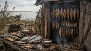 Smoked Lithuanian fish hanging in a wooden smokehouse near the Curonian Lagoon