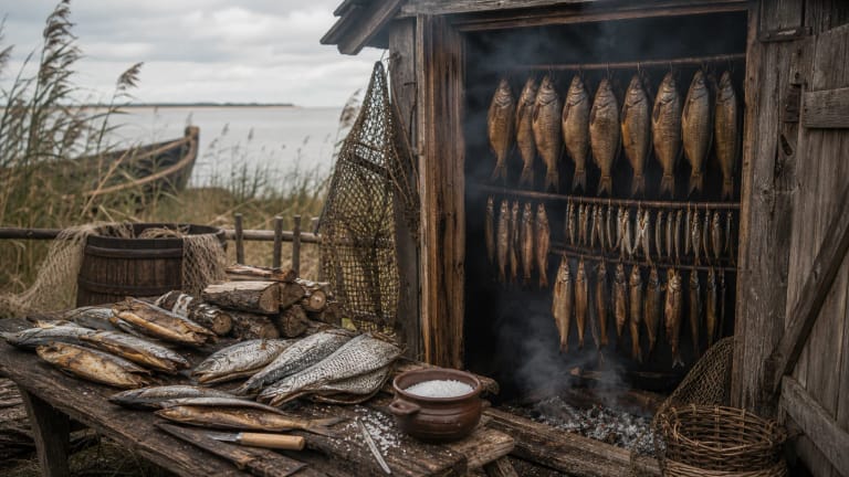 Деревянная приморская коптильня с копчёной рыбой, солью, сетями, камышом и берегом Куршского залива на заднем плане