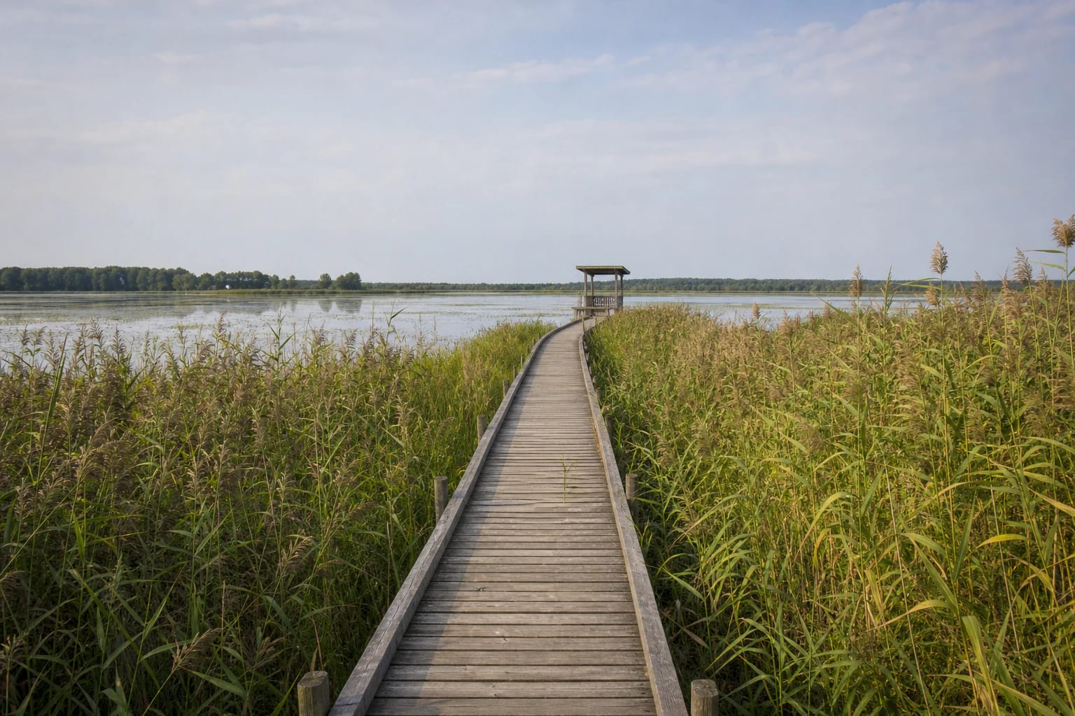 Marshy Lake Žuvintas shore, wooden boardwalk through reeds, and a birdwatching tower