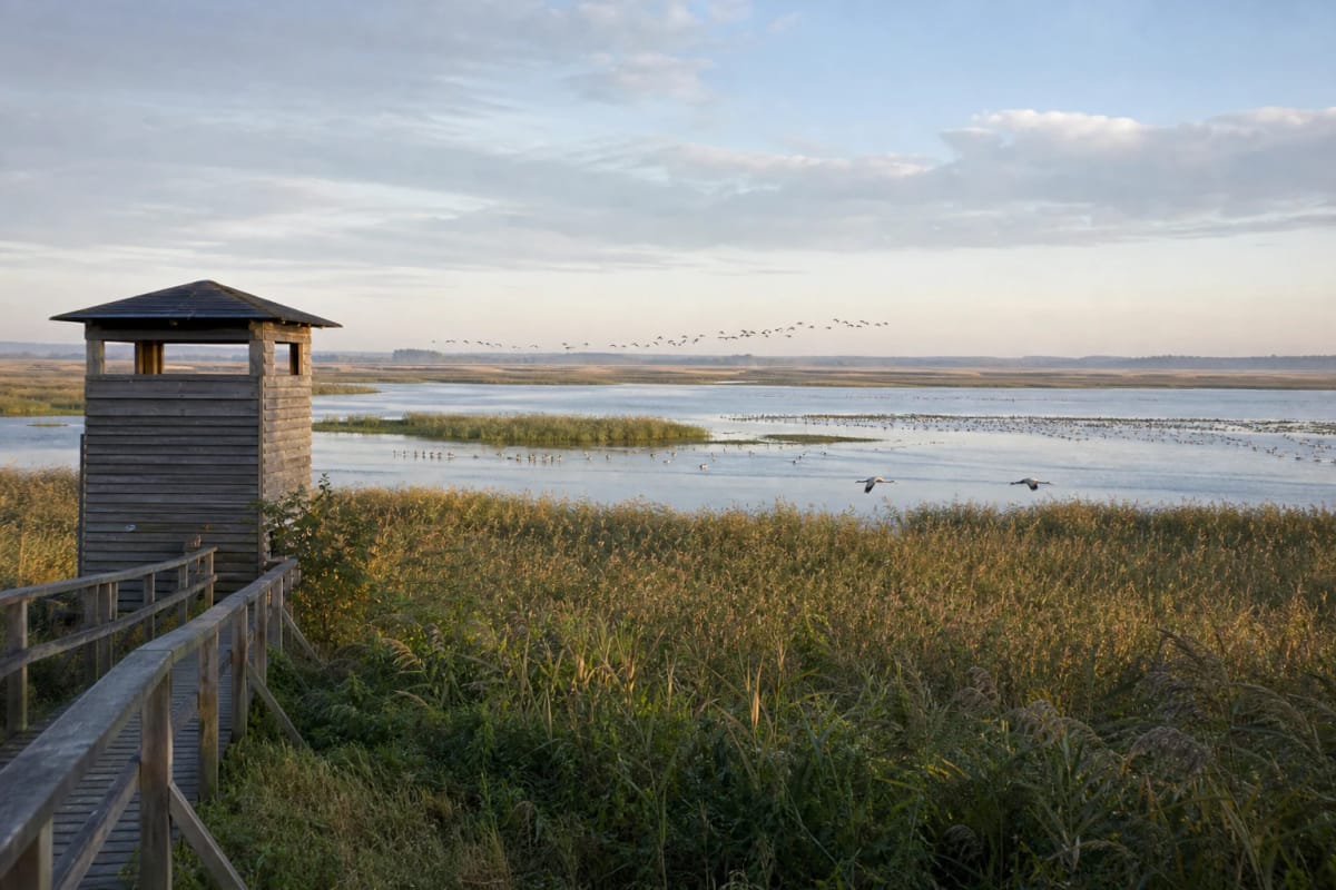 Reedbeds, shallow lake water, and a birdwatching point in Žuvintas Biosphere Reserve