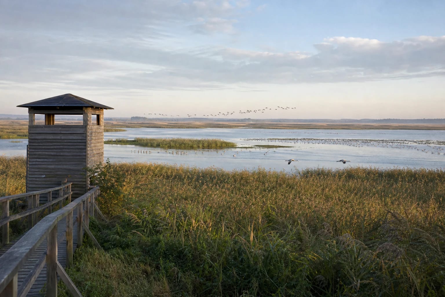 Reedbeds, shallow lake water, and a birdwatching point in Žuvintas Biosphere Reserve