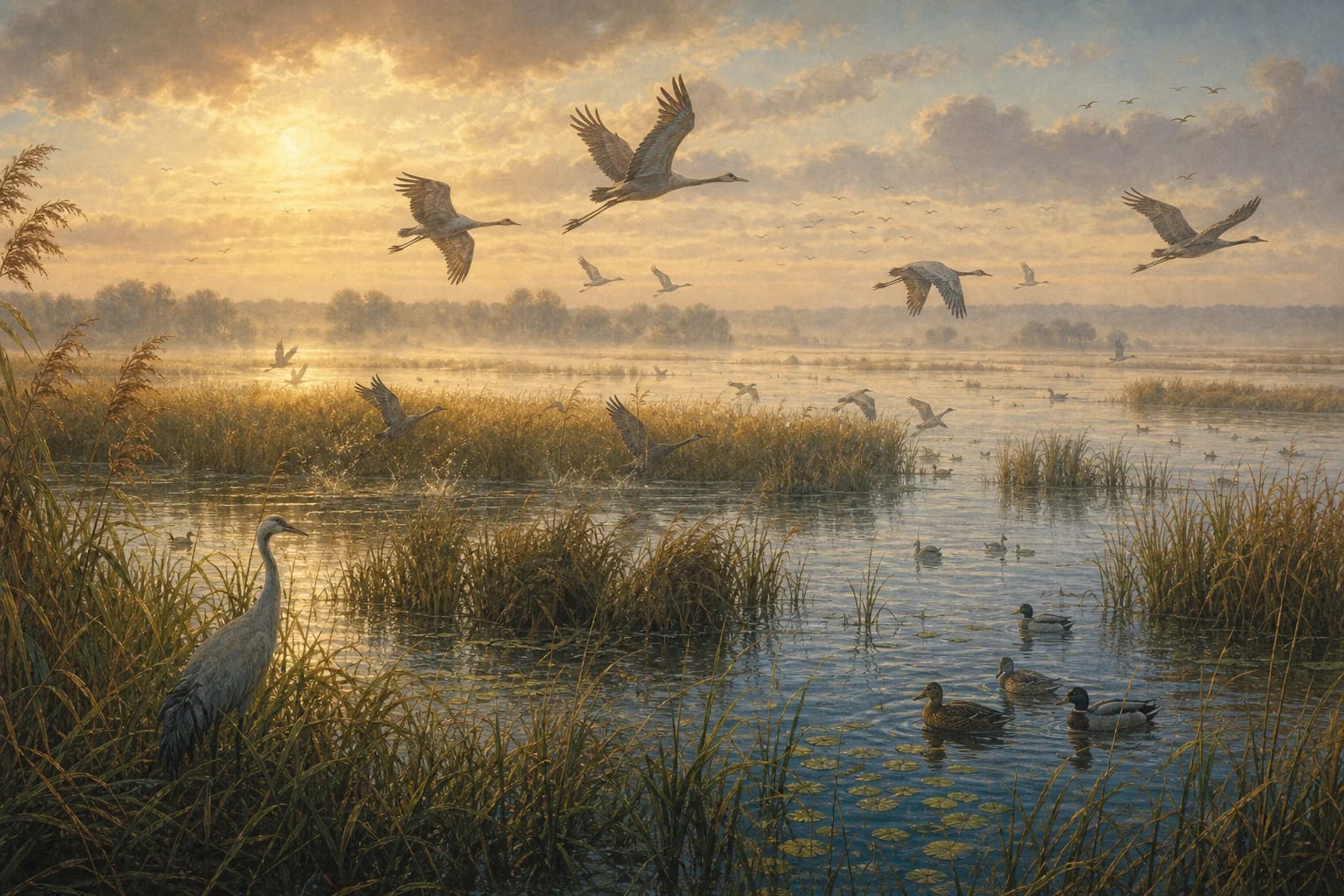 Legend Field of Lake Žuvintas visual interpretation with wetland, birds, reeds motifs
