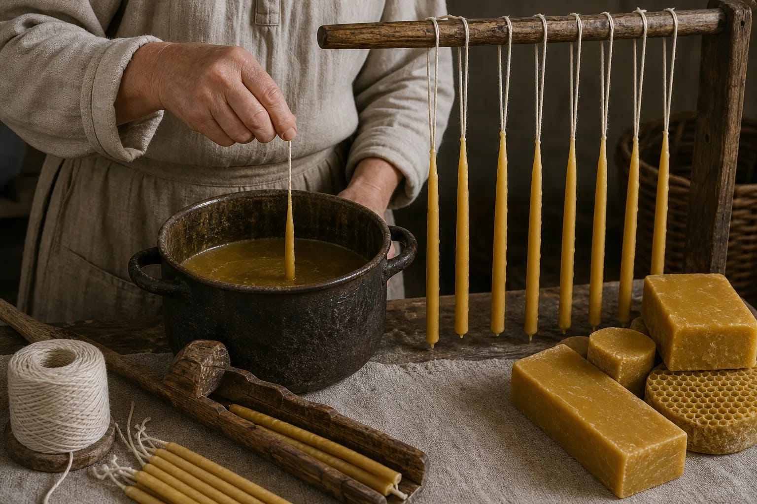 A wick is repeatedly dipped into melted beeswax.