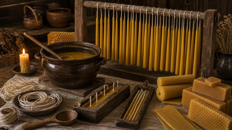Traditional Lithuanian beeswax candles being cast and dipped beside wax sheets and wicks