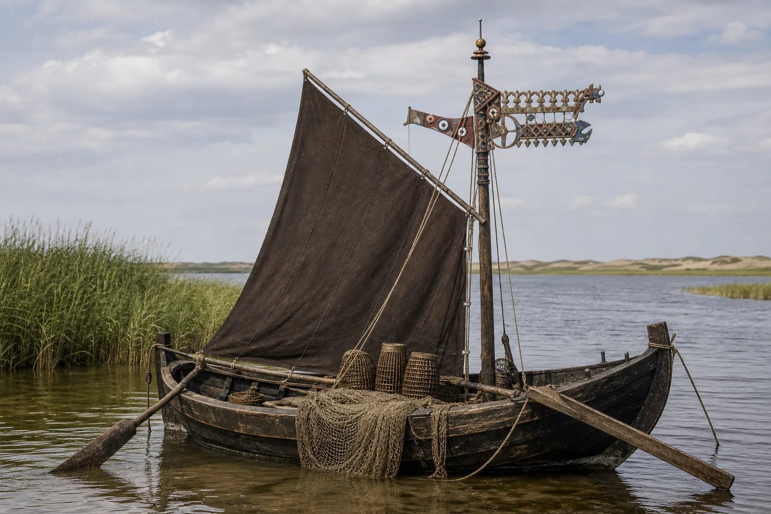 A kurėnas with a weather-vane shows the link between lagoon fishing and boat signs.