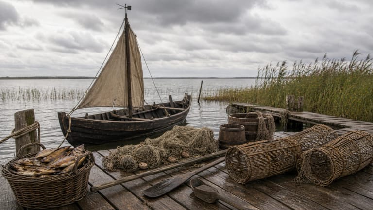 A traditional kurėnas boat with a weathervane, nets, and fishing gear on the Curonian Lagoon
