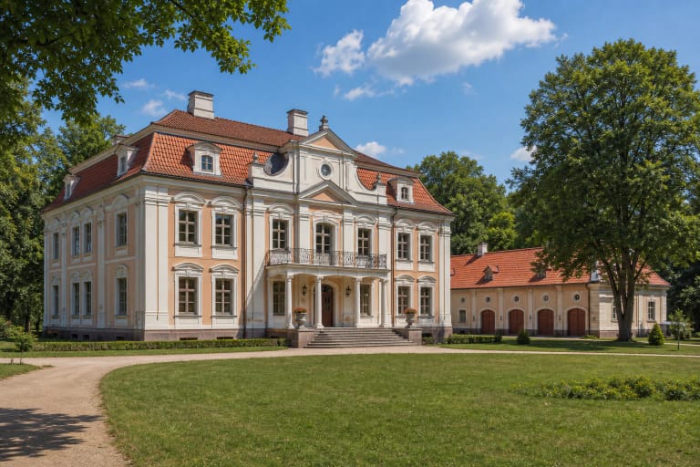 Zyplių dvaro rūmai su neobarokiniais bruožais, parku ir atkurtais dvaro pastatais