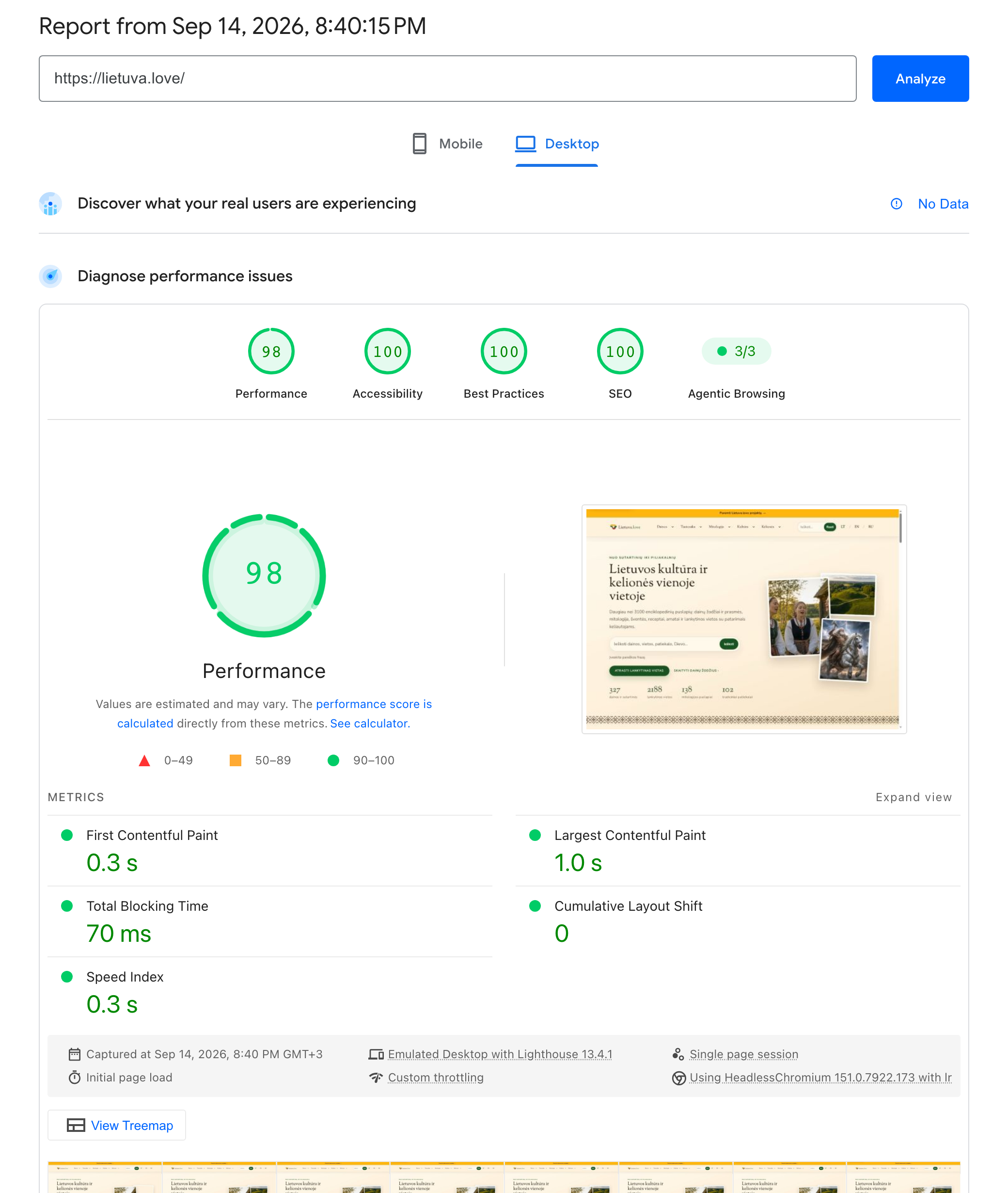 Google PageSpeed Insights report for Lietuva.love — Desktop