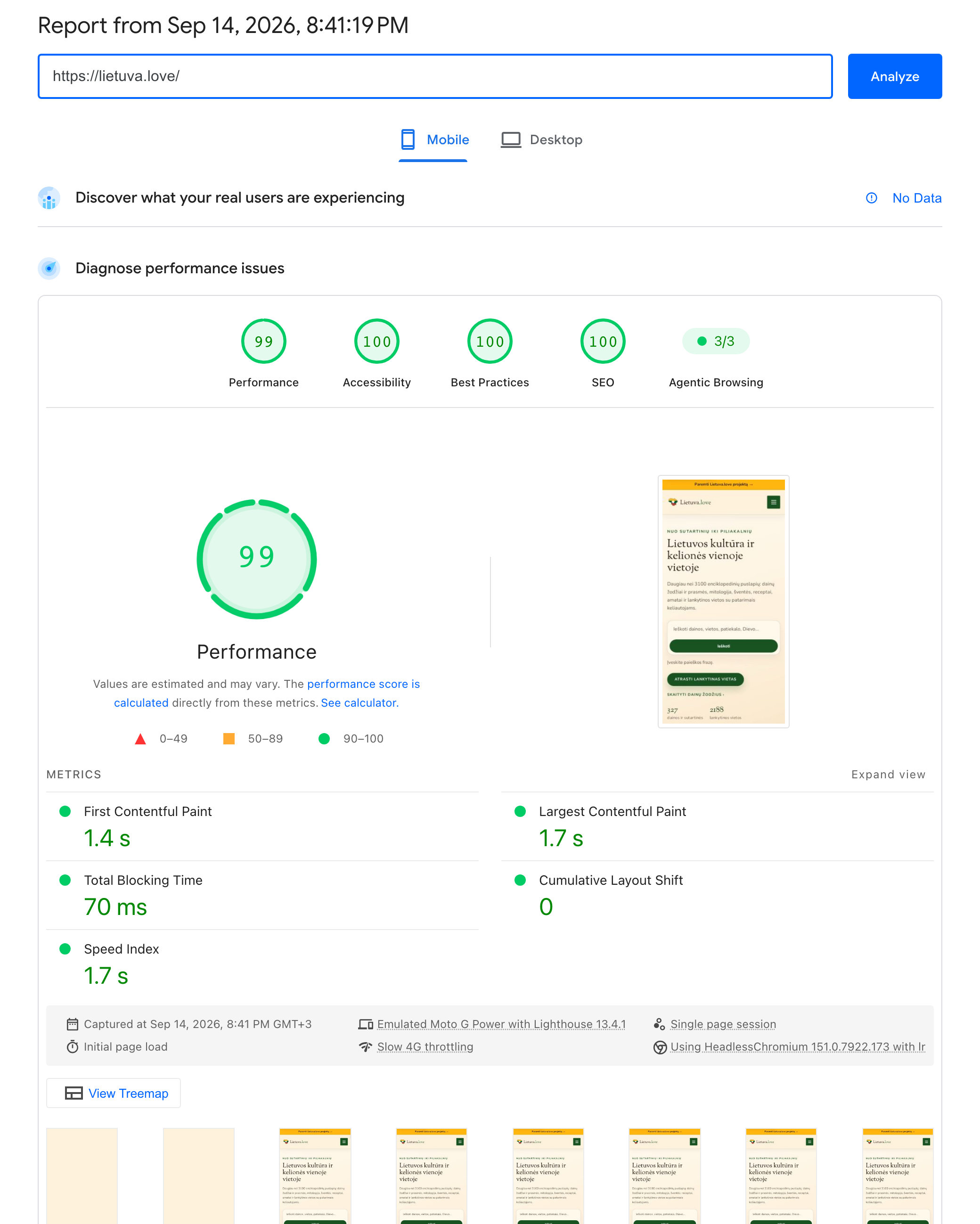 Google PageSpeed Insights report for Lietuva.love — Mobile